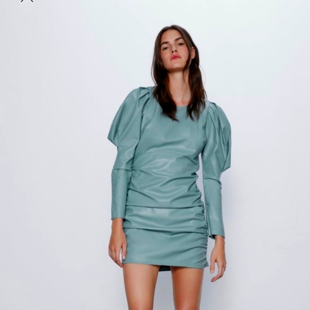 Zara Green Mint Faux Leather Mini Dress